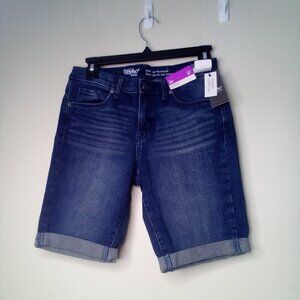 Mossimo Bermuda Shorts Women 00 Mid-Rise Power Stretch Roll Hem Denim Blue